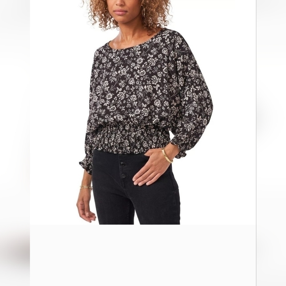 Vince Camuto sz L Cinched Waist Flower Print Blouse